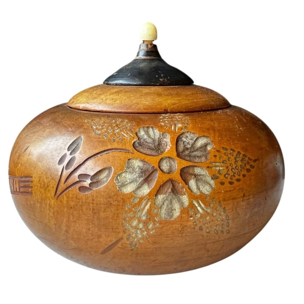 Handcrafted Wooden Jar Floral Design Secret Compartment Lettering READ